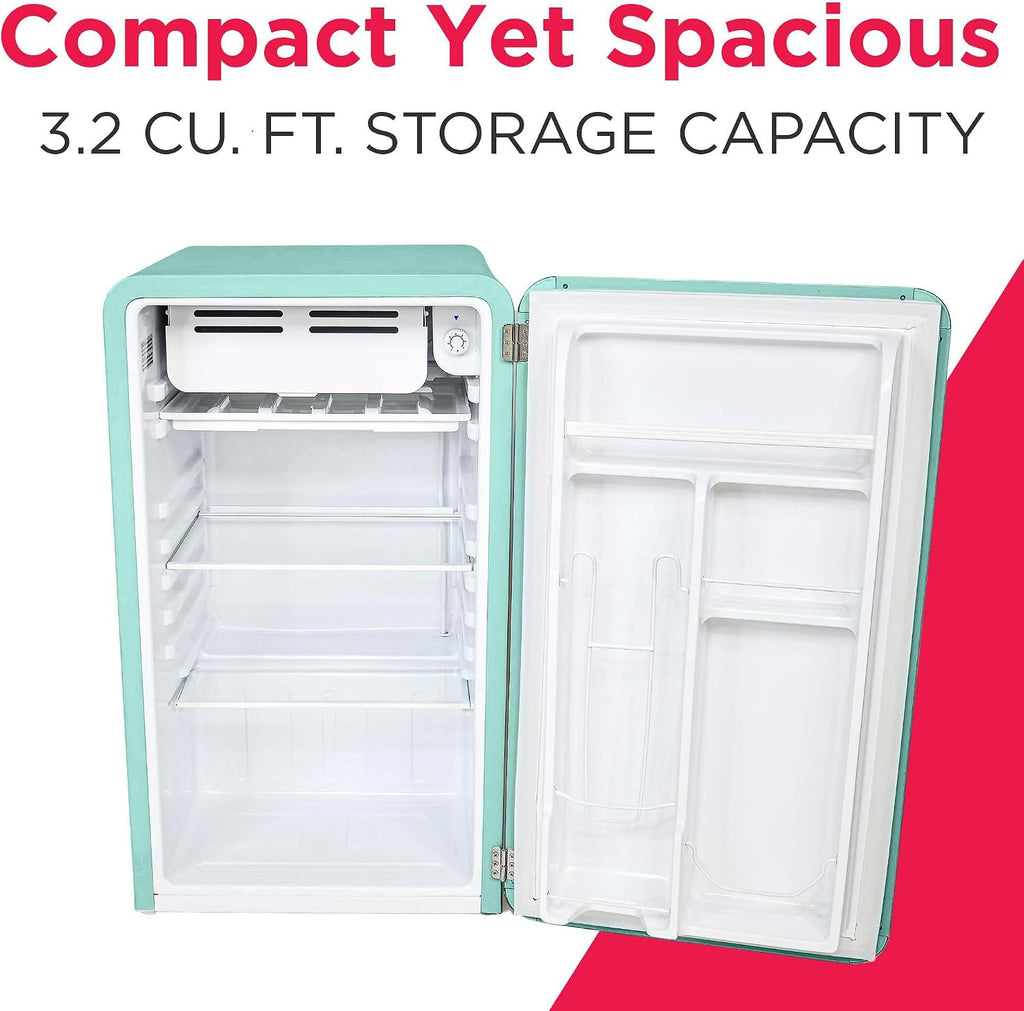 Frigidaire Retro Compact Refrigerator with Chiller, 3.2 cu ft Countertop Fridge, Built-In Bottle Opener, Rounded Corners, Premium, for Office, Bedroom, Dorm Room, Cabin, 18.5D x 20W x 31.5H (Mint)