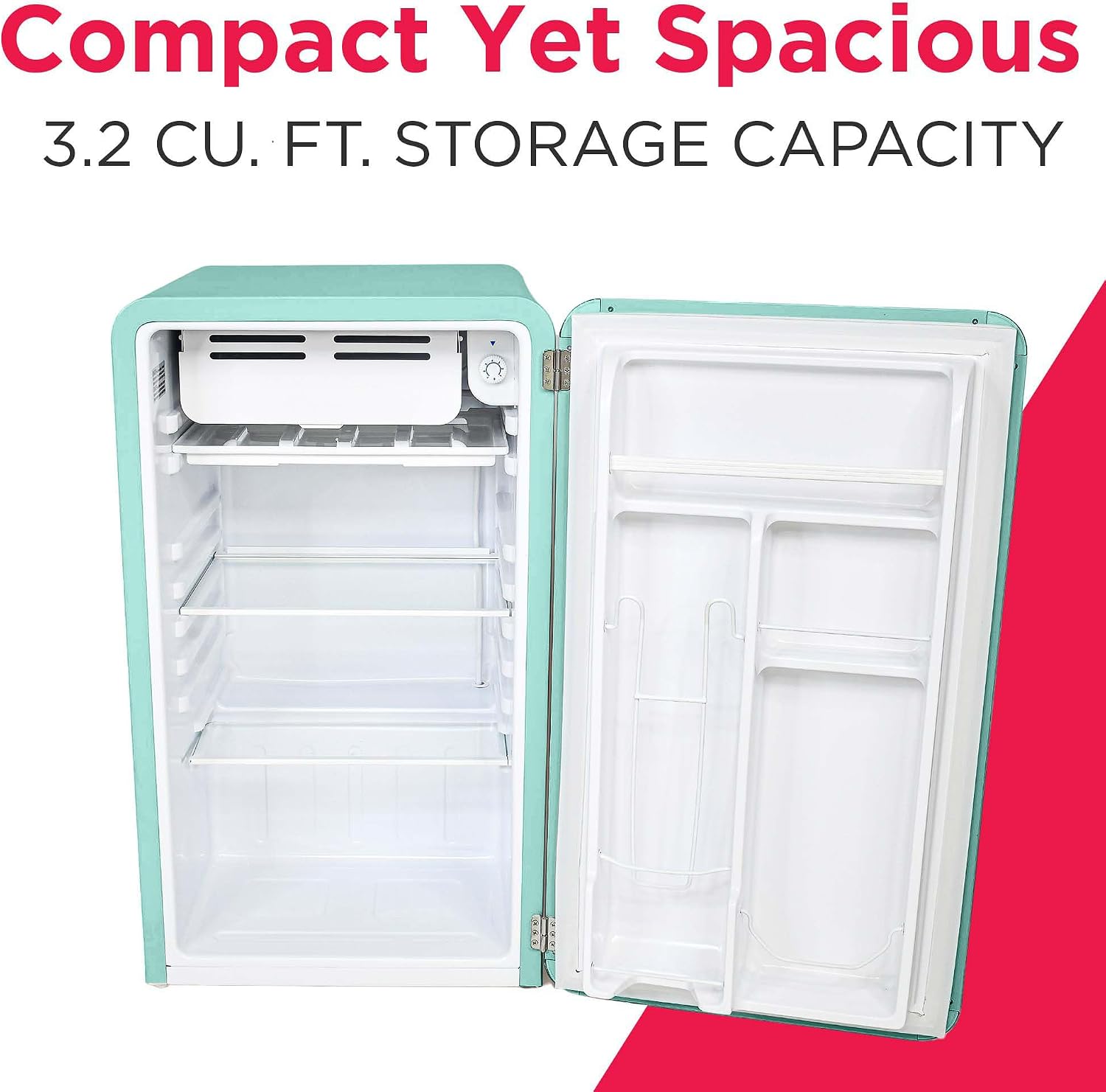 Frigidaire Retro Compact Refrigerator with Chiller, 3.2 cu ft Countertop Fridge, Built-In Bottle Opener, Rounded Corners, Premium, for Office, Bedroom, Dorm Room, Cabin, 18.5D x 20W x 31.5H (Mint)
