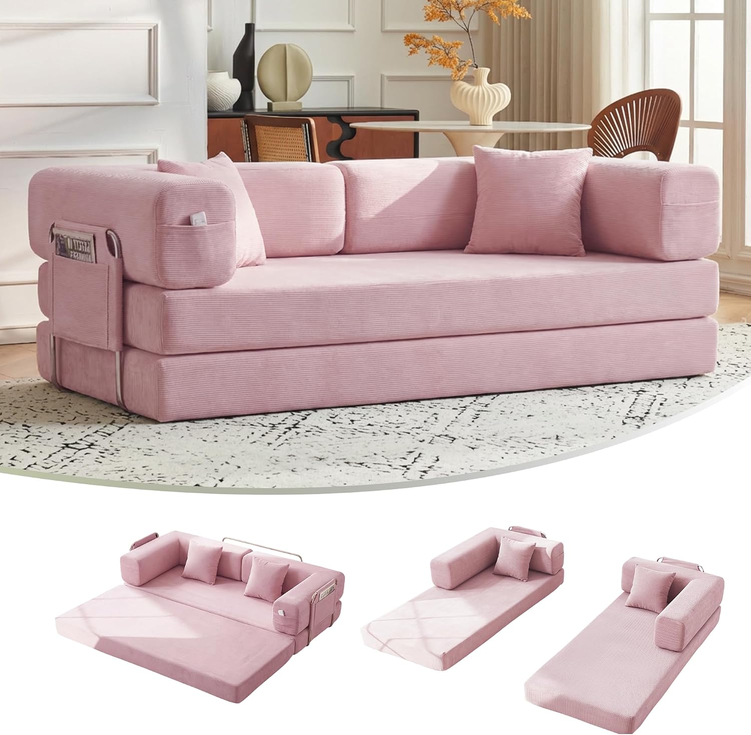 79' Convertible Sofa Bed with Pillows, Corduroy Folding Sleeper Sofa with Fixed-Shape Frame, Boneless Couch for Living Room Bedroom, Floor Sofa Lounge No Assembly Required (A - Style - Pink)