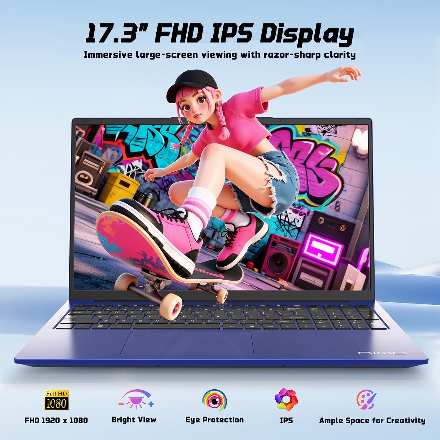 NIMO 17.3' FHD IPS Student-Laptop-Computer 16GB RAM 256GB SSD, Pentium 4 Cores N100(Beat i3-1115G4, Up to 3.4GHz) 65W Type-C 180°Viewing Fingerprint Backlit Keyboard Wi-Fi 6 BT5.2