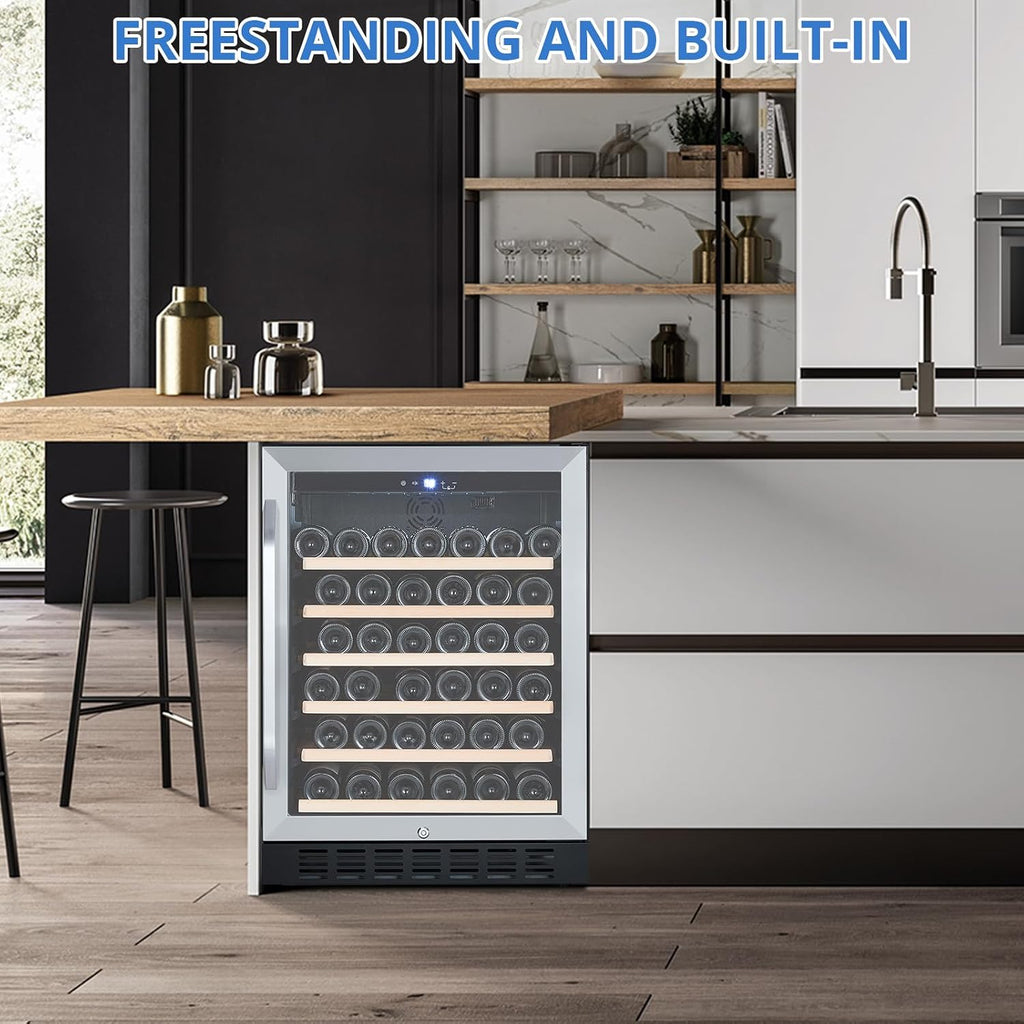 Sleek Stainless Steel 24'' Wine Cooler Refrigerator - 46-Bottle Compressor Cooling, Tempered Glass Door with Safety Lock, Freestanding Design for Home Kitchen Office | Keeps Wines Fresh & Preserves Fl