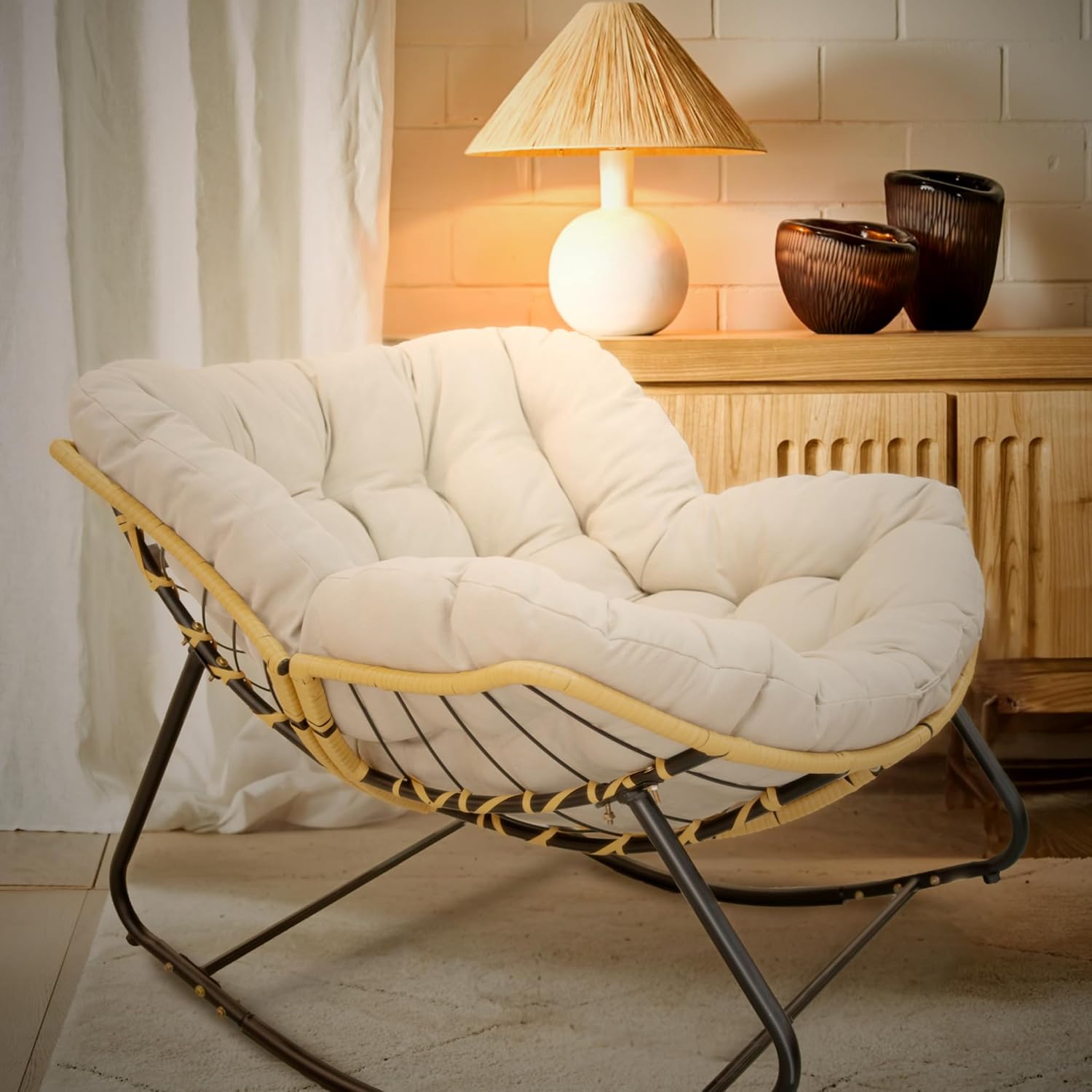 Patio Rocking Egg Chair - Outdoor Rocking Chair with Thick Cushion, Modern Indoor Outdoor Papasan Rocking Chair, Lounge Rocker for Balcony, Living Room, Bedroom, Porch, Patio, Lawn, Garden (Beige)