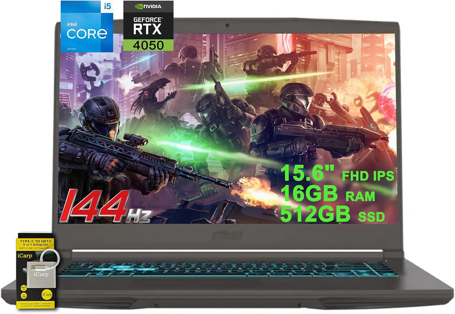 msi Thin 15 Gaming Laptop 15.6' FHD IPS 144Hz Intel Octa-core i5-13420H (Beats i7-11800H) 16GB RAM 512GB SSD GeForce RTX 4050 Backlit Type-C Win11 ICP Accessory