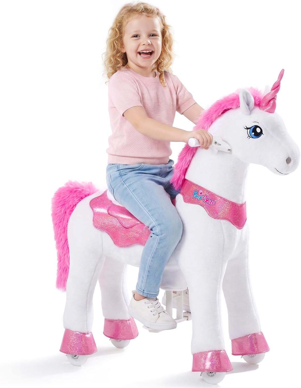 PonyCycle Unicorn Ride on Toys for Girls Horse Spirit Toys No Battery Required Size 4 for Kids Age 4-8/35.4' Height Birthday Gifts Plush Walking Animal Giddy up Riding Pony Pink E412
