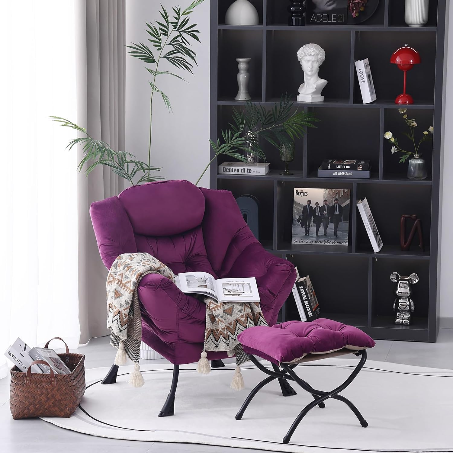 MBOOYOME Lazy Chair with Folding Ottoman, Modern Accent Armchair with Armrests, Side Pocket & Foldable Footstool, Reading Chair for Living Room, Bedroom, Dorm & Office, Velvet Purple