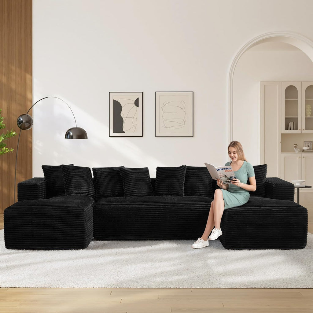 131' Oversized U Shaped Cloud Sectional Couches for Living Room, Comfy Fluffy Corduroy Black Boneless Sectionals Couch, Plush Memory Foam Modular Sectional Sofa with Chaise- 19' Seat Height