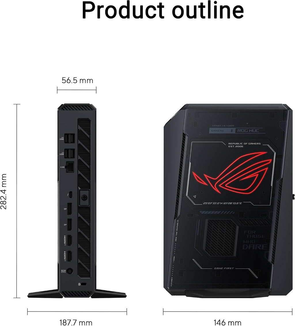 ROG NUC (2025) Gaming Mini PC with Intel® Core™ Ultra 9 (Series 2) ARL-HX CPU, NVIDIA® GeForce RTX™ 5070 MobileGPU, 32GB DDR5 RAM, 1TB NVMe SSD, Thunderbolt™ 4, Triple-Fan Cooling, and ARGB Lighting