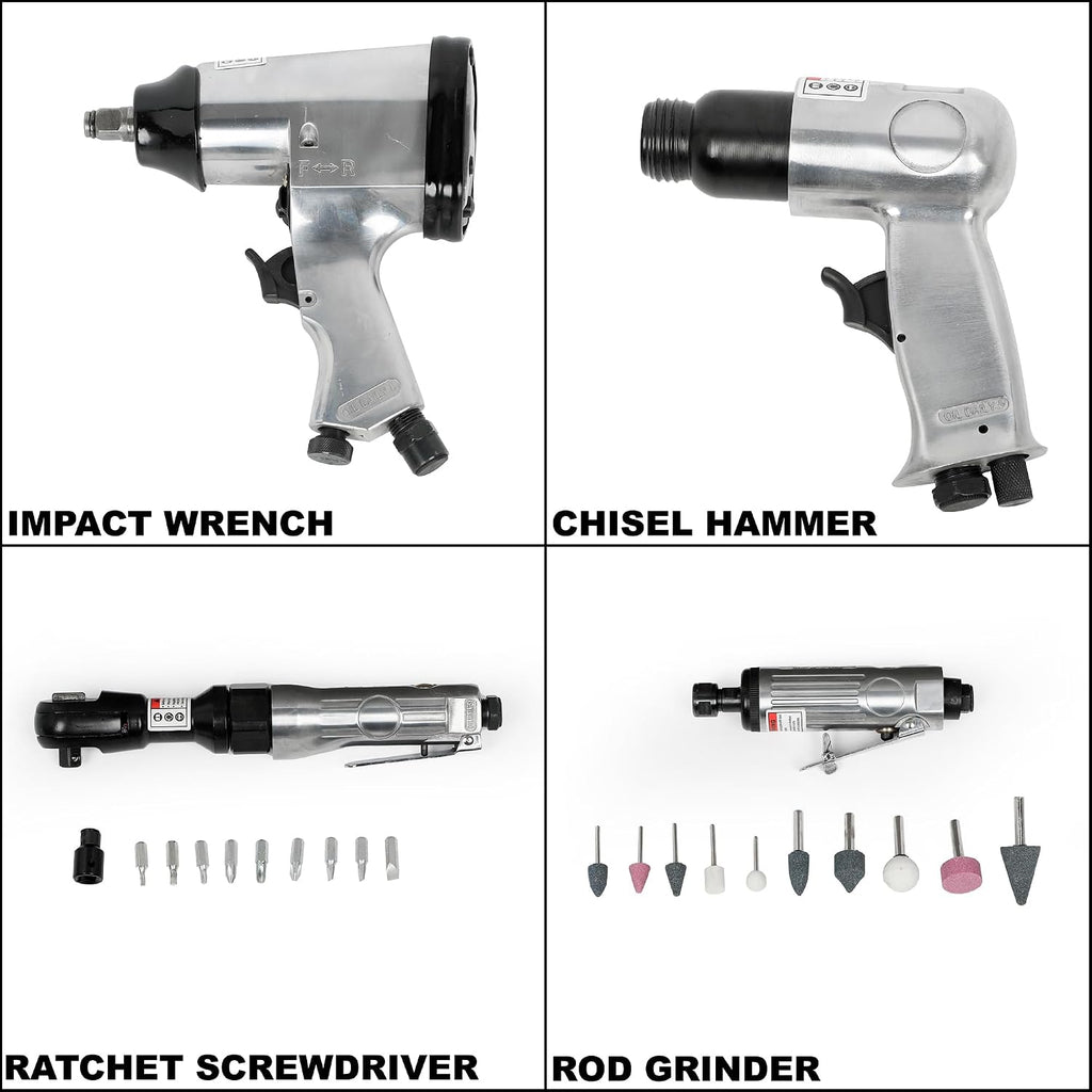 Air Tool and Accessories Kit, 71 Piece, Impact Wrench, Air Ratchet, Die Grinder, Aire Hammer, Hose Fittings, Storage Case for Garage,Shop