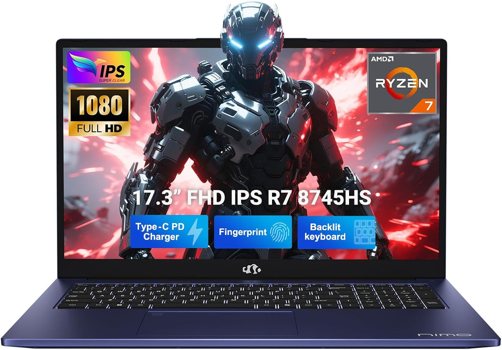 NIMO 17.3' Light-Gaming-Laptop, 8 Cores AMD Ryzen 7 8745HS 16GB DDR5 RAM 512GB SSD (Beat R9 6900HX, up to 4.9GHz) Radeon 780M GPU IPS FHD Computer with 100W Type-C Fingerprint, Backlit Keyboard