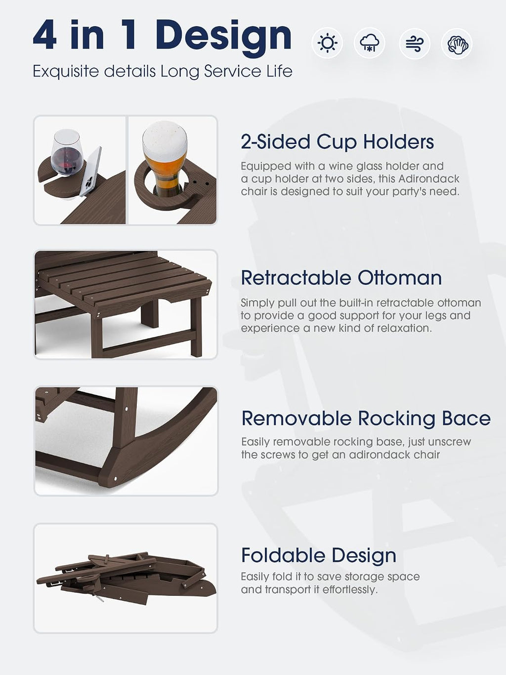KINGYES Adirondack Rocking Chair with Retractable Ottoman and Cup Holders, HDPE Adirondack Rocker Patio Rocking Chair for Porch, Patio, Balcony, Coffee Brown