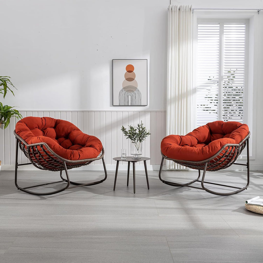 JEEOHEY Papasan Rocking Chairs Outdoor Indoor, Oversized Rattan Rocker Patio Chair with Padded Cushion, Comfy Modern Indoor Egg Chair for Living Room, Bedroom, Porch, Garden, Balcony(Velvet, Orange)