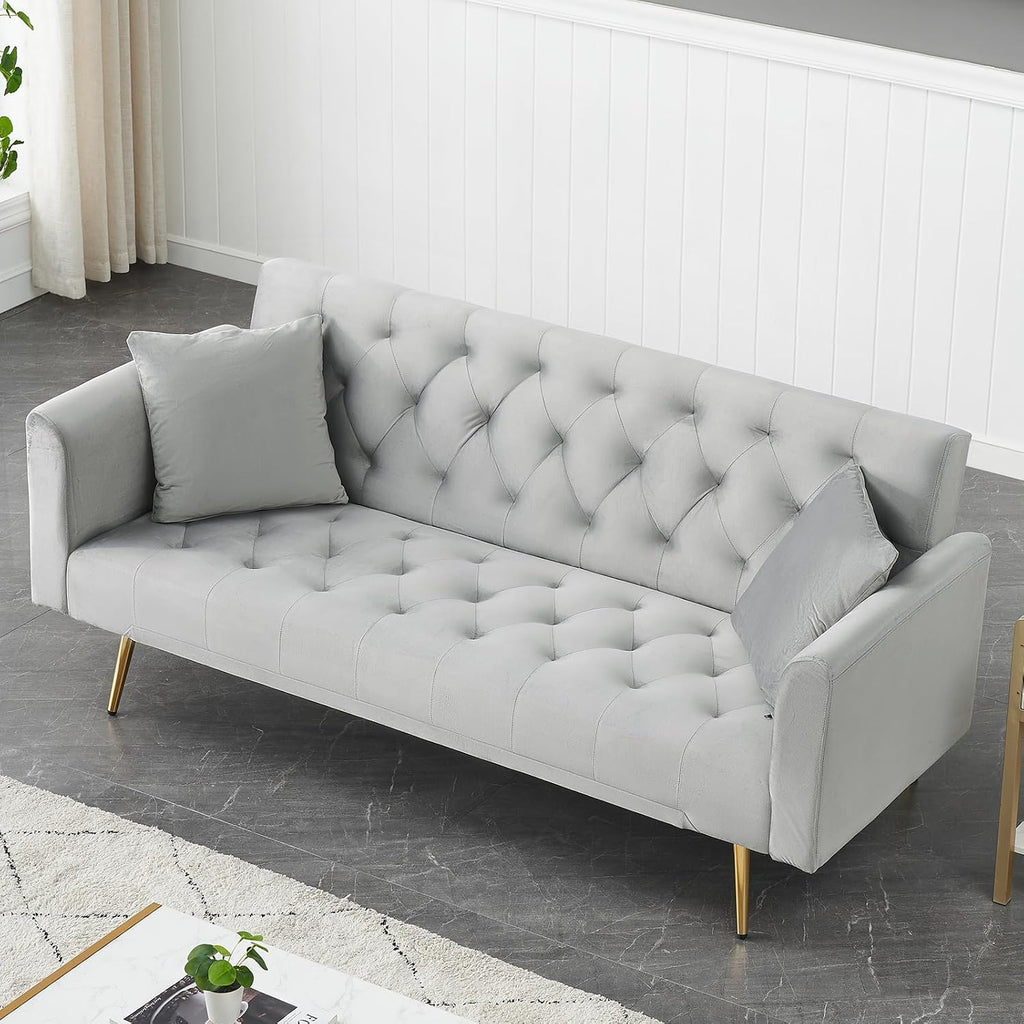 71' Modern Velvet Sofa Bed Futon, Convertible Sleeper Couch with Adjustable Backrest, Tufted Recliner Loveseat with Golden Chrome Legs & 2 Pillows for Small Spaces, Living Room, Apartment (Gray)