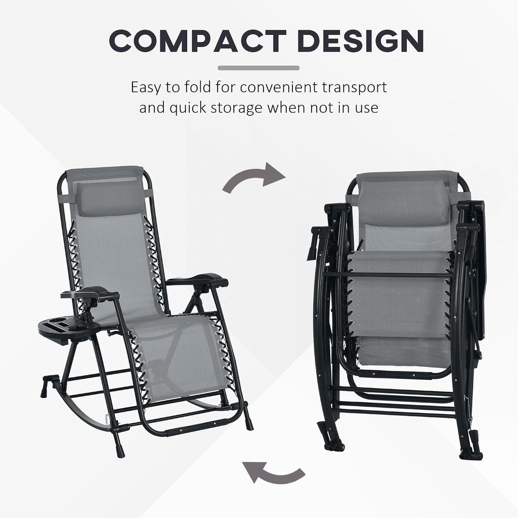 Outsunny Set of 2 Outdoor Rocking Chairs, Foldable Reclining Zero Gravity Lounge Rocker with Pillow, Cup & Phone Holder, Combo Design with Folding Legs, Gray