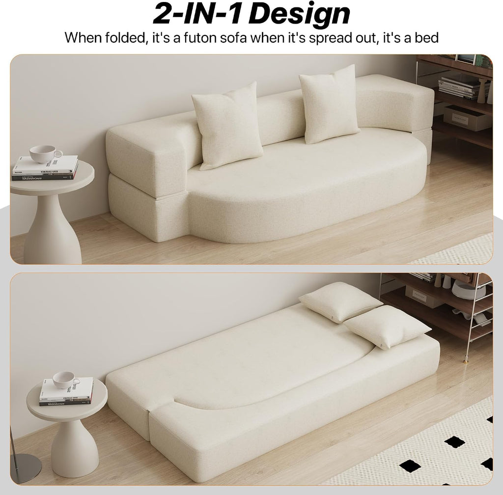 HENGJIANYI Folding Sofa Bed, Convertible Futon Sleeper Bed, 2-in-1 Foldable Floor Mattress, Breathable High-Density Foam Lazy Couch, Twin Size Comfy Lounge Chair with 2 Pillows, Beige