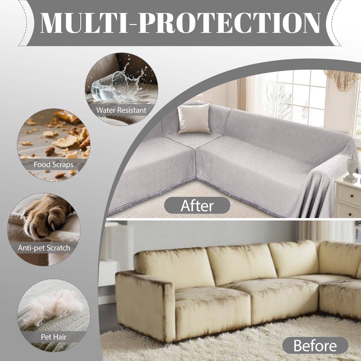 Waterproof Sectional Couch Covers Sectional Sofa Cover L Shaped Corner Sofa Slipcovers Blanket for Dogs Pets Washable Jacquard Quilted L Shape Furniture Protector (75x252 in, Ash Gray)