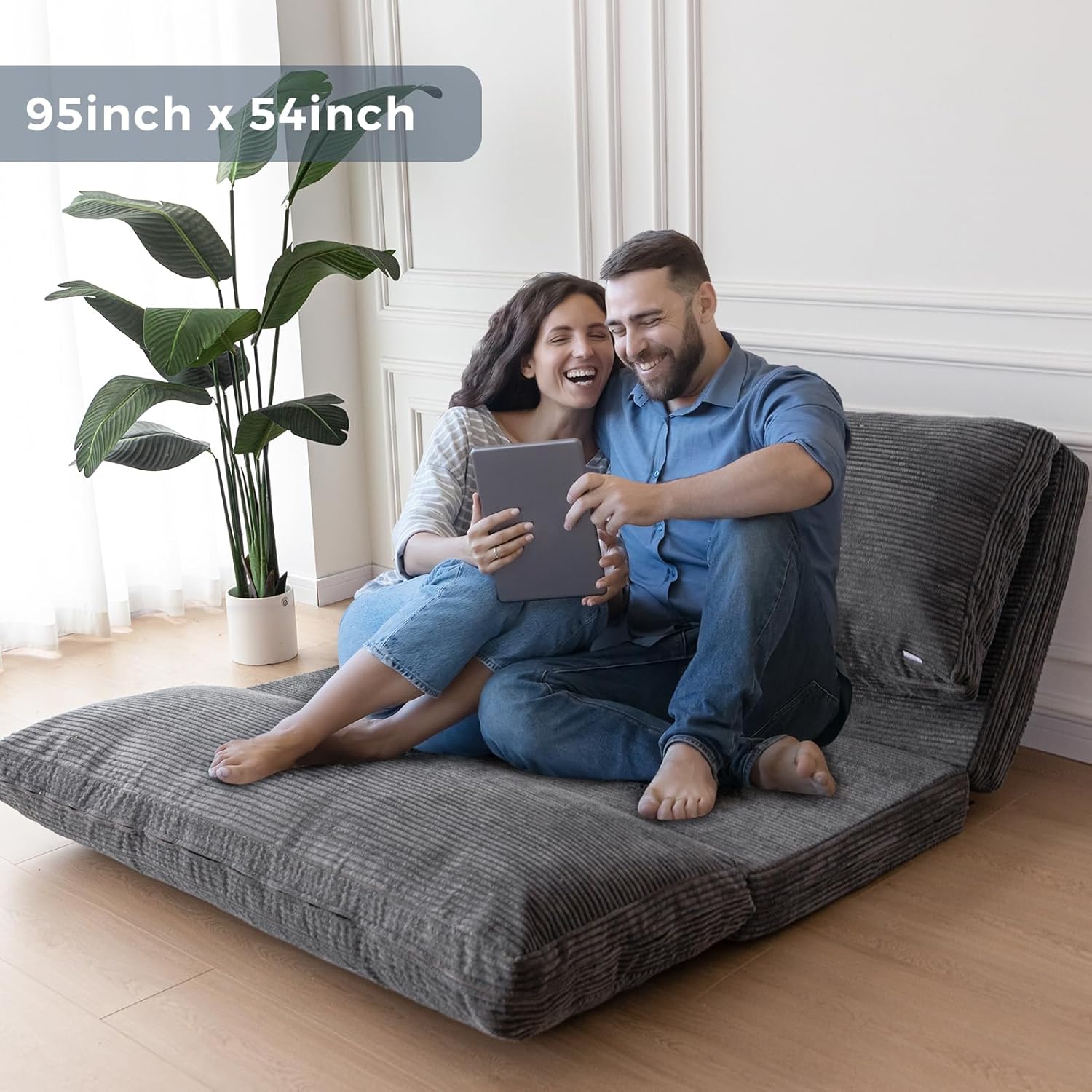 MAXYOYO Folding Sofa Bed, Extra Thick and Long Floor Sofa Convertible Sleeper Chair with Washable Cover, Floor Couch Lounge Bean Bag Bed for Living Room, Dark Grey, 54x95 Inch