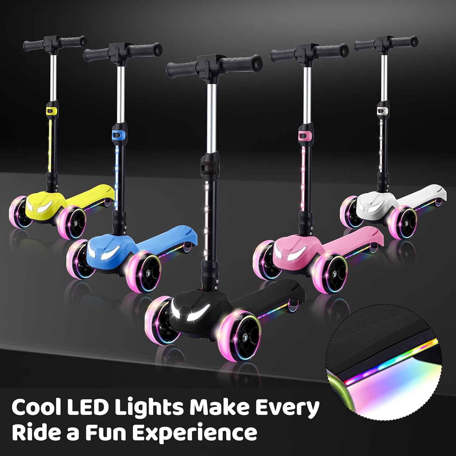 24V Electric Scooter for Kids w/150W Powerful Motor, Thumb Throttle, LCD Screen, Bluetooth, Light-Up Stem Deck & Wheels, 3 Adjustable Heights, 5MPH Safe Speed, 3 Wheel Electric Scooter for Kids