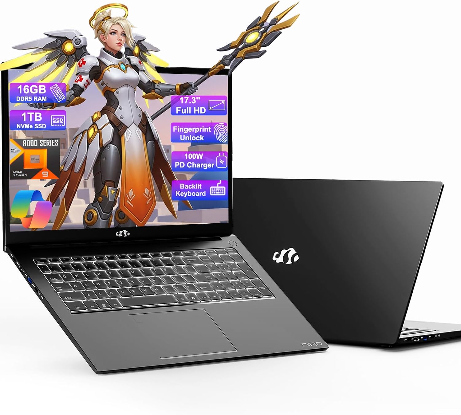 NIMO 17.3 Gaming-Laptop Ryzen 9 8945HS (>i9-13900H) 16GB RAM, 1TB SSD, Radeon 780M, PD 100W USB-C 4.0 AI-Enhanced for Copilot VR Ready, Backlit KB Fingerprint Unlock, Gaming Student Office Business
