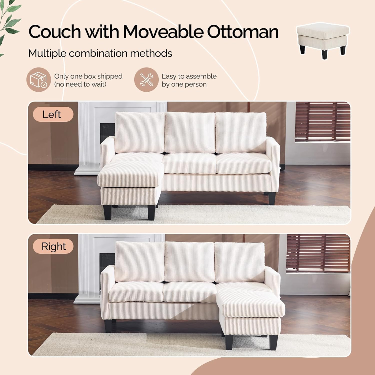 VINGLI 68.5' L Shaped Couch with Movable Storage Ottoman, Convertible Sectional Sofa in Soft Corduroy Fabric, Modern Reversible Chaise Couch for Small Spaces, Apartment, Living Room，Cream White