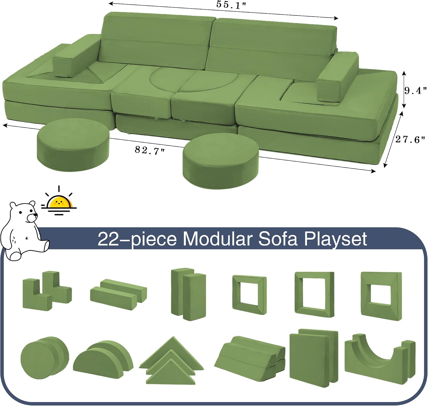 Edbuosy 22Pcs Modular Kids Play Couch - Kids Couch for Playroom Bedroom Living Rooms Toddler Sofa for Inspiring Child Creativity，Children Convertible Foam Sofa