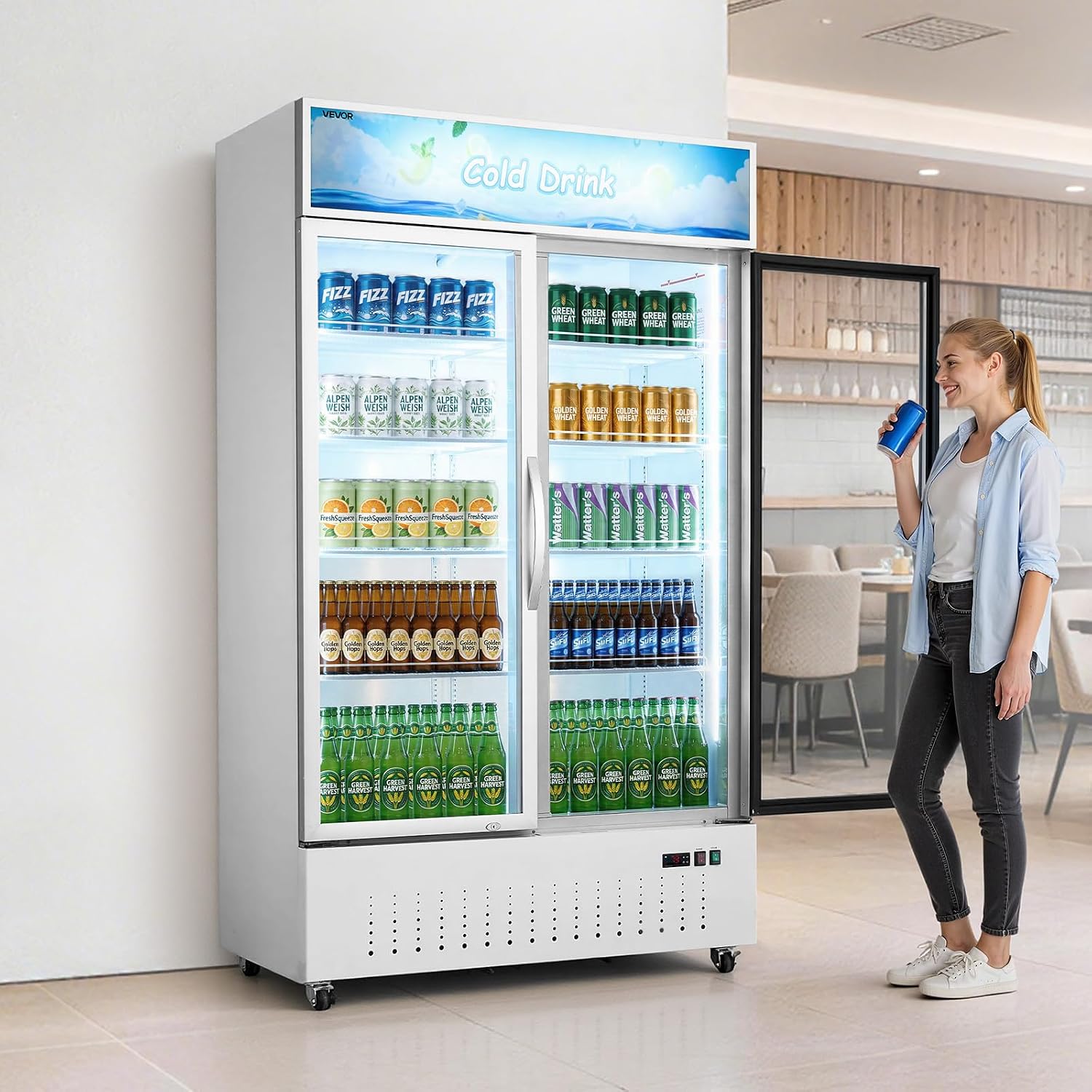 VEVOR Commercial Merchandiser Refrigerator, 35.3 Cu.Ft / 1000L Upright Beverage Cooler, 2 Glass Door Display Refrigerator with Customizable Lightbox, 8 Adjustable Shelves, Soft LED Lighting & Casters