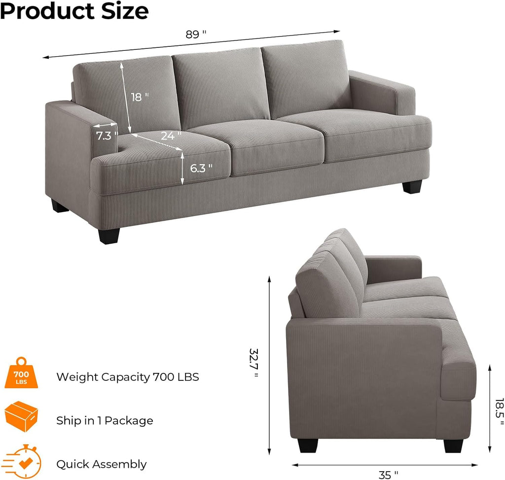 COPIAE 89 Inch Sofa with Extra Deep Seats Oversize, 3 Seater Sofa for Living Room, Modern Couch and Sofa, Comfy Armrests and Seats and Backrests, Easy Installation, Corduroy Fabric Light Grey