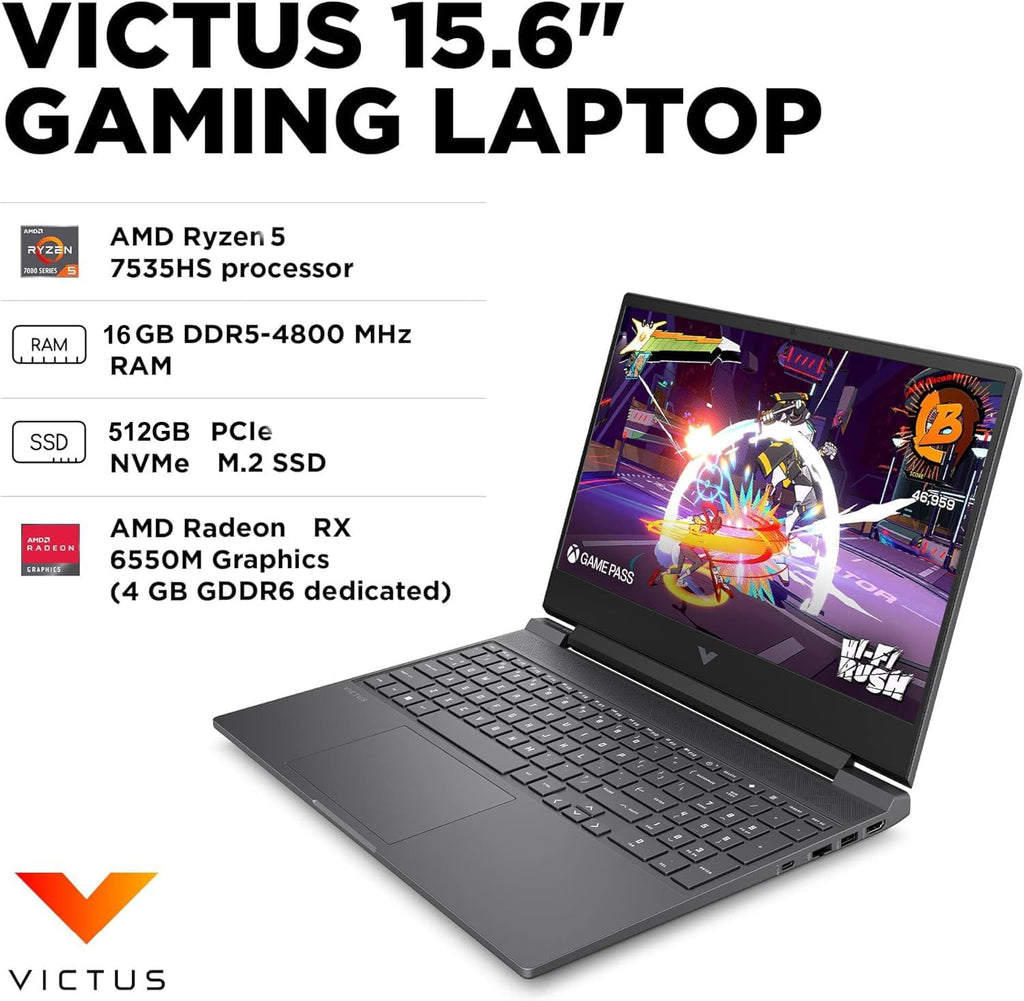 HP Victus 15 Gaming Laptop, 15.6' FHD 144Hz IPS (AMD Ryzen 5 7535HS, 16GB DDR5 RAM, 512GB PCle SSD, Radeon RX 6550M 4GB (Beat RTX3050)) Backlit KB, Wi-Fi 6, Webcam, Ethernet, Win 11 Home