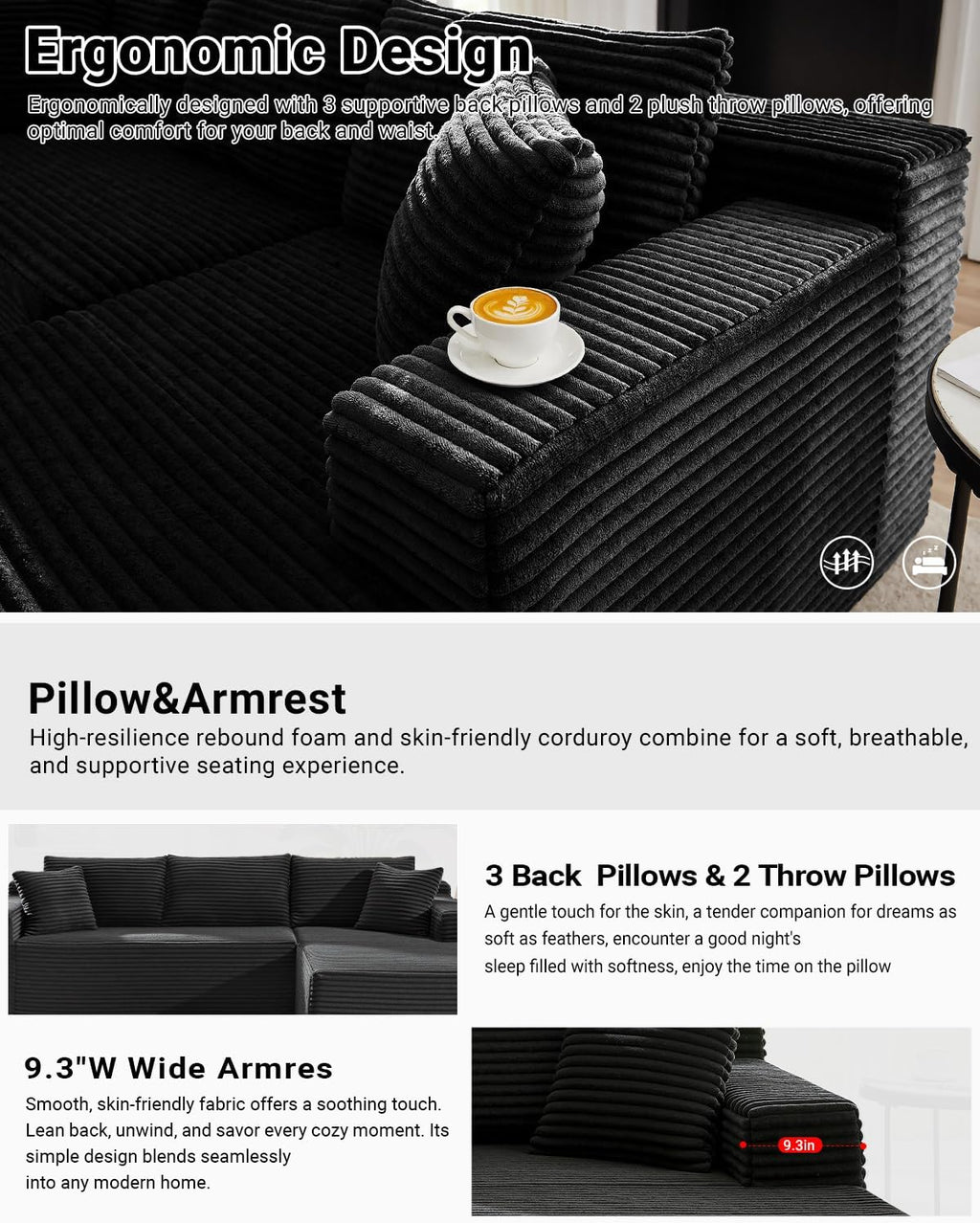 Cloud Sectional Couch,105 Inch Modular Sectional Sofa with Deep Seat,Modern Corduroy Boneless Couches with L-Shape Chaise for Living Room Bedroom,No Assembly Required (Black, Right Facing Chaise)