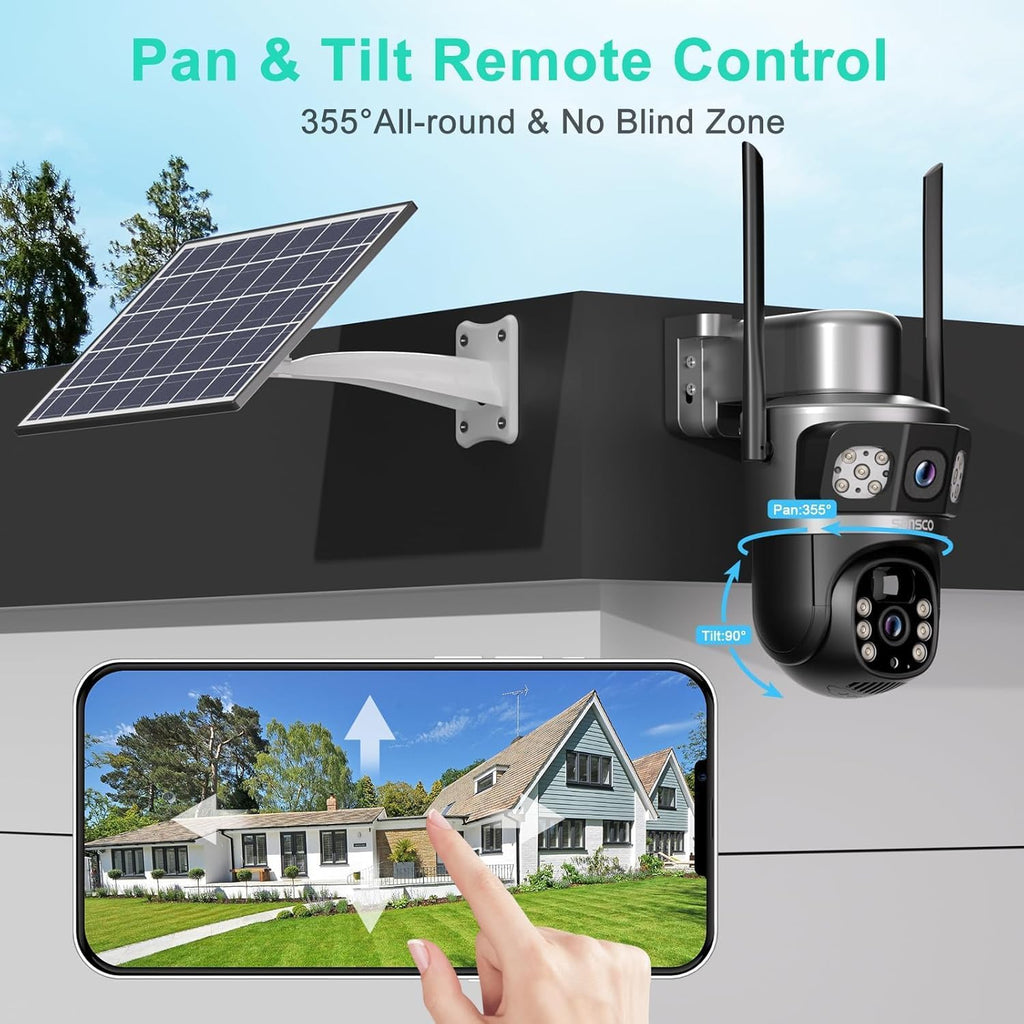 SANSCO 2K Dual Lens Solar Security Camera Wireless Outdoor, 2.4G & 5G WiFi, 360° PTZ Home Security Camera, 100% Wired Free, Spotlight Color Night Vision, 2-Way Audio, PIR Motion Detection (4 Pack)