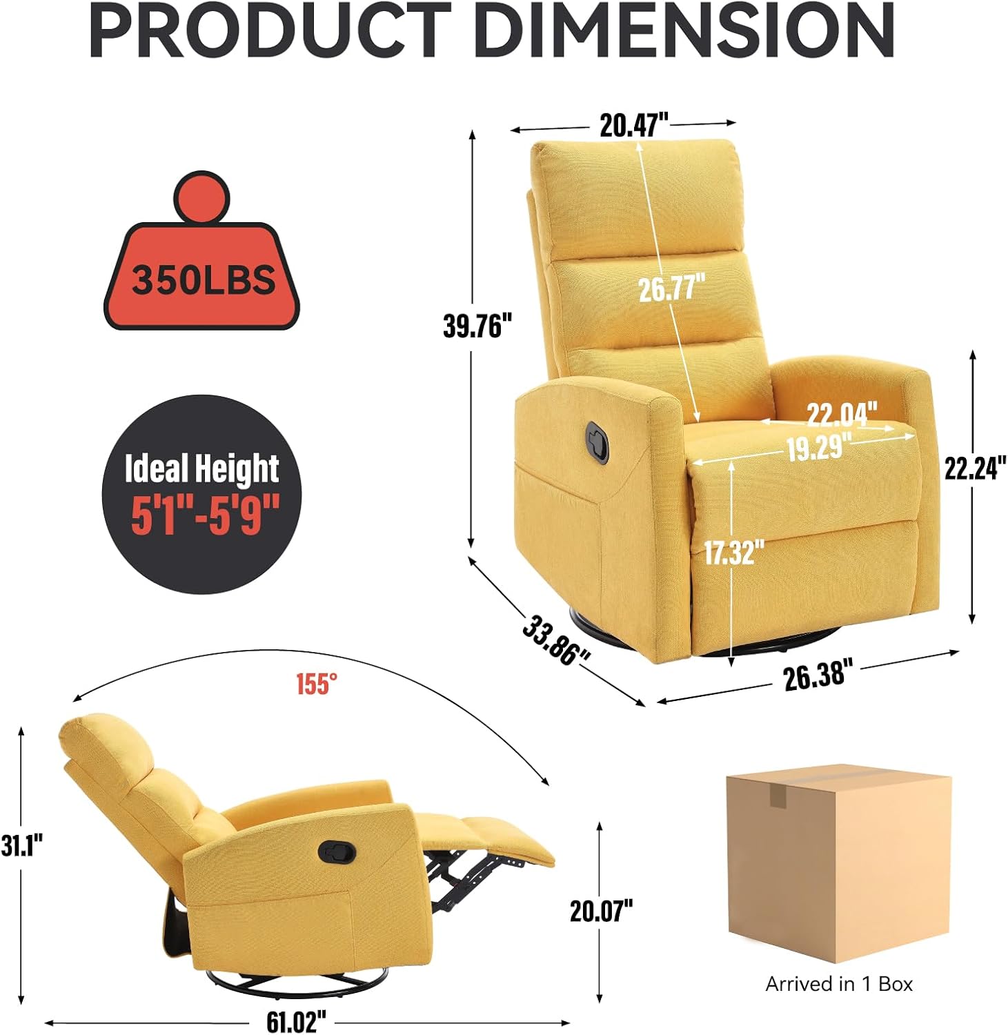 PELUMY Manual Recliner Chair, 360° Swivel Glider and Rocker Recliner with 155° Recline, Compact Fabric Recliner for Small Space, Nursery, Living Room, Bedroom, No Tools Assembly (Yellow)