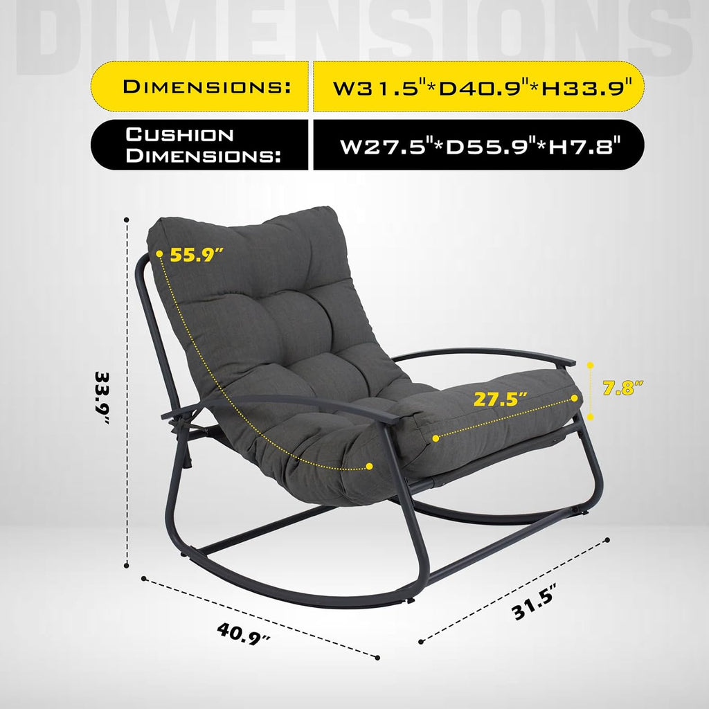 GLORY PATIO Rocking Chair for Patio and Indoor Use - Heavy-Duty Outdoor Rocking Chair with Thick Cushion, 40° Ergonomic Sway, Modern Metal Rocker for Garden, Porch, Living Room (Dark Grey)
