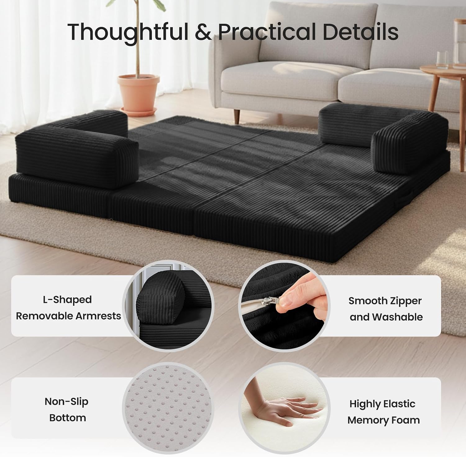 Tri-Fold Foldable Mattress, Convertible Folding Sofa Bed with Removable Arms & Washable Cover, All-in-One Portable Mattress Floor Sofa Bed, No Assembly Required & Non-Slip, Queen Size, Black