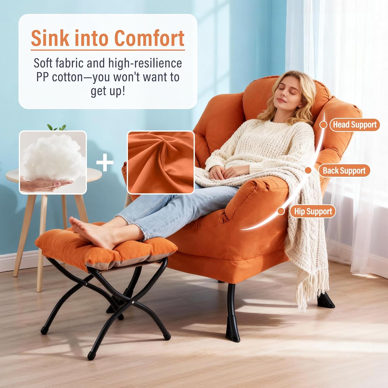 Furlide Lazy Chair with Ottoman, Modern Accent Chair with Armrests and a Side Pocket, Orange Accent Chairs, Reading Chairs, Oversized Armchairs for Bedroom, Study, Living Room, Courtyard