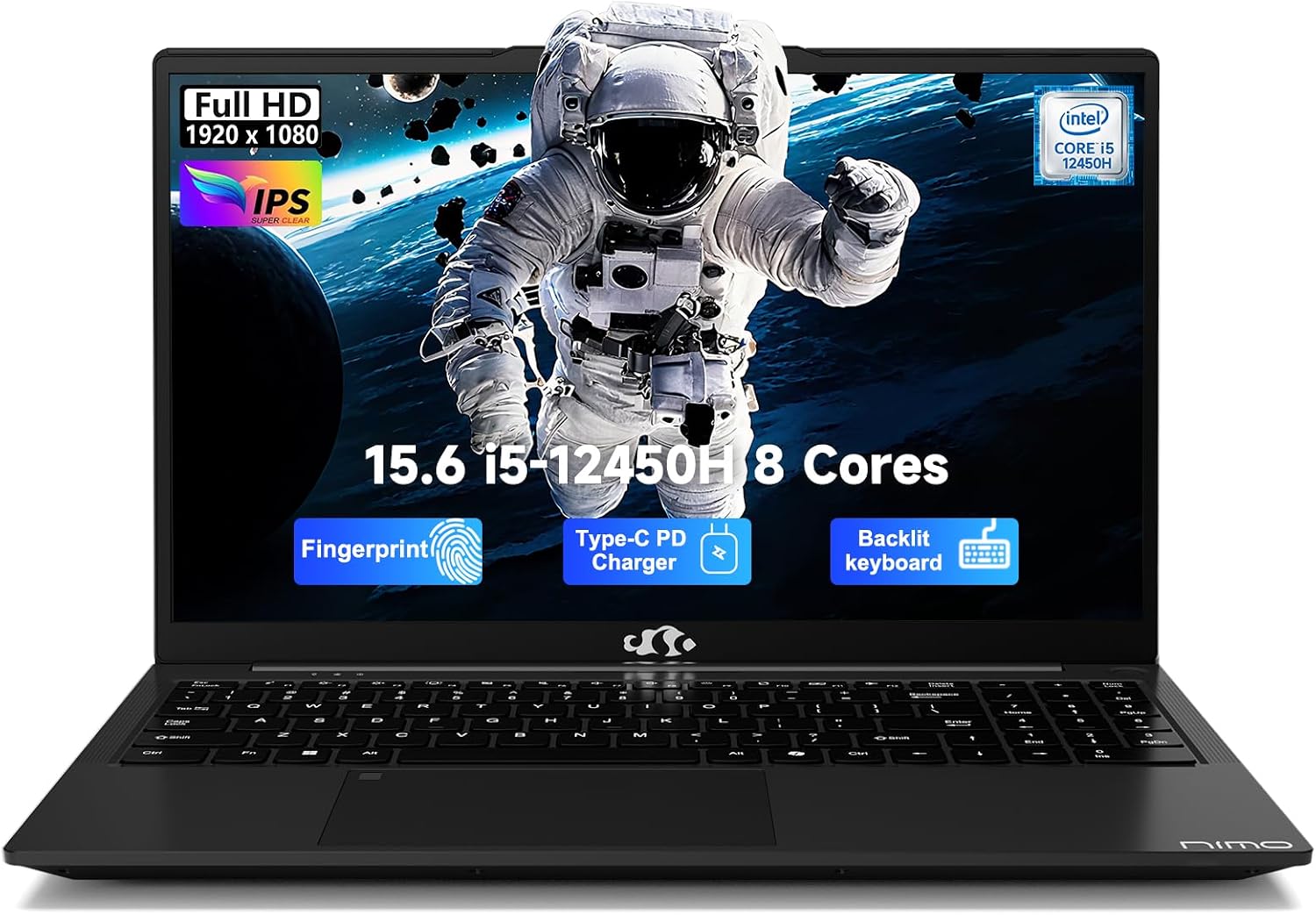 NIMO 15.6' FHD-IPS-Business-Laptop, 8 Cores Intel i5-12450H 16GB RAM 1TB SSD Backlit Keyboard Computer, 100W Type C Fingerprint WiFi 6 Numpad Win 11 Black