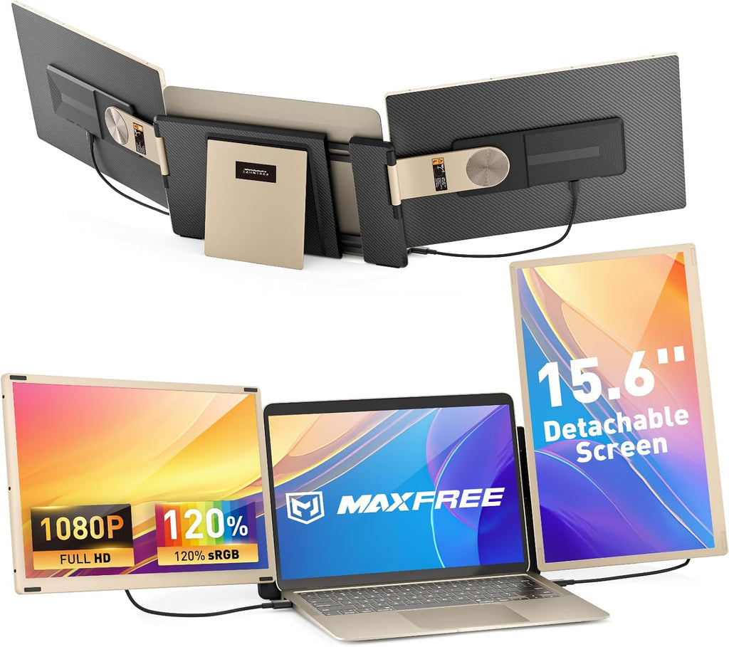 Maxfree Laptop Screen Extender, 15.6'' Dual Monitor for Laptop 13'-17.3', FHD 1080P, 11 Display Modes, Plug & Play Triple Screen Monitor for Mac Windows – Ideal for Office, Travel, Gaming