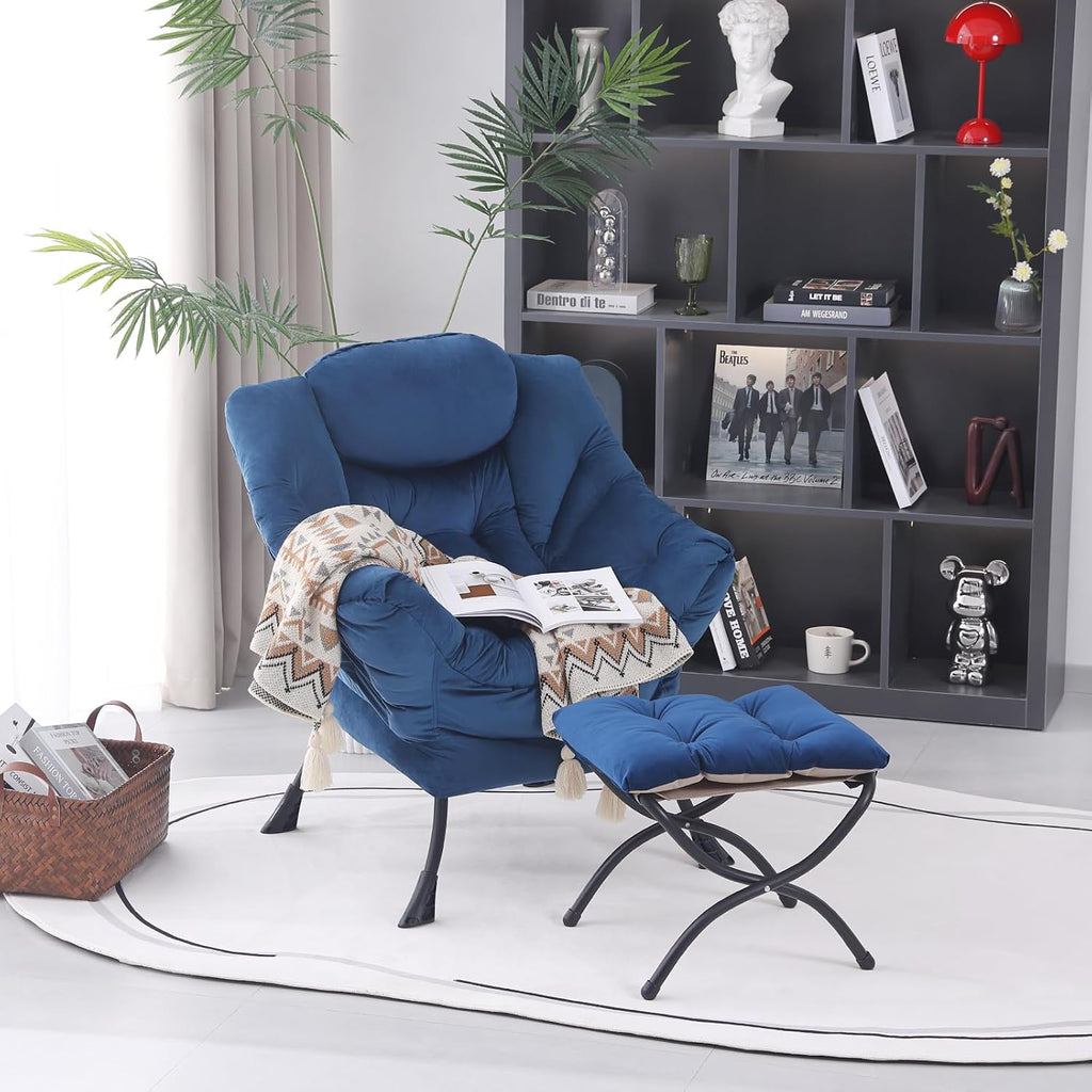 MBOOYOME Lazy Chair with Folding Ottoman, Modern Accent Armchair with Armrests and a Side Pocket & Foldable Footstool, Reading Chair for Living Room, Bedroom, Dorm & Office, Royal Blue