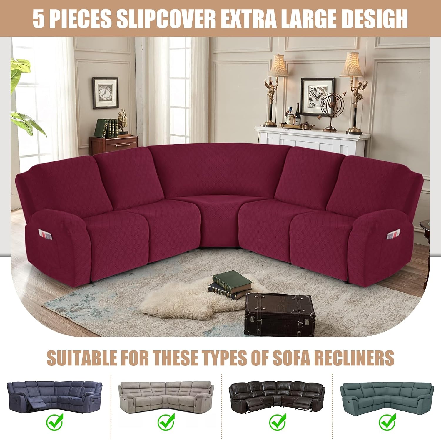 VANSOFY Extra Large Reclining Sectional Couch Covers, Washable 5-Piece Sofa Covers for L Shape Sectional Sofa Corner Seater, Thick, Soft Sofa Slipcovers (5 Seat Recliner Cover, Burgundy)