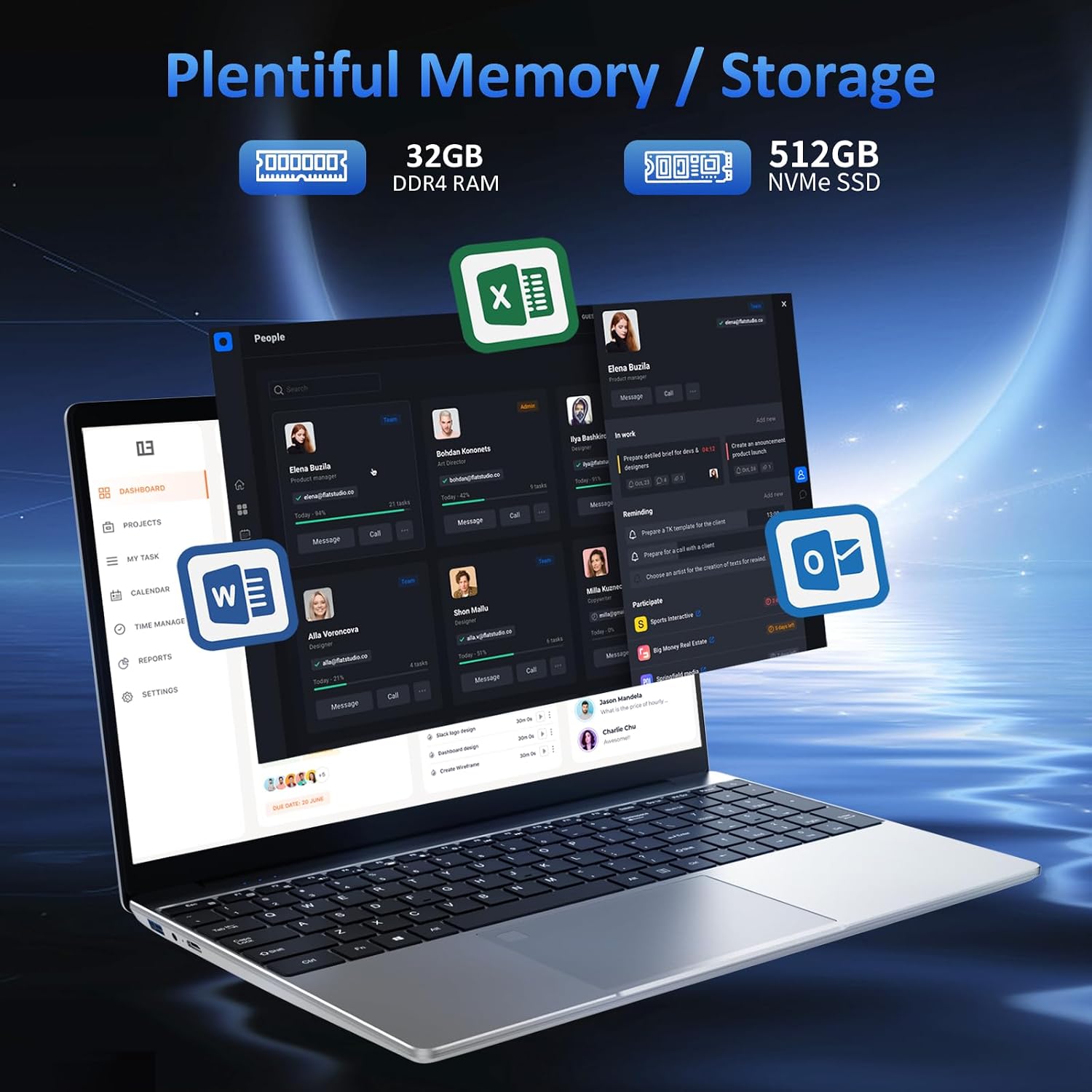 KurieTim 15.6' Laptop Computer, 32GB DDR4 RAM 512GB PCIe SSD, IntelN95 Processor(4C/4T, Up to 3.4GHz), Gaming Laptops with Backlight Keyboard, Fingerprint Reader, 8000mAh Battery, Win11 Pro,Silver