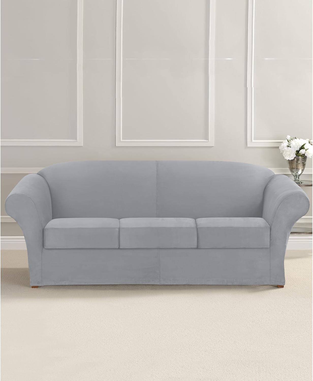 SureFit Ultimate Stretch Suede Four Piece Sofa Slipcover | Form-Fitting | Individual Cushion Covers | Machine Washable Sofa/Box Cushion/Light Gray