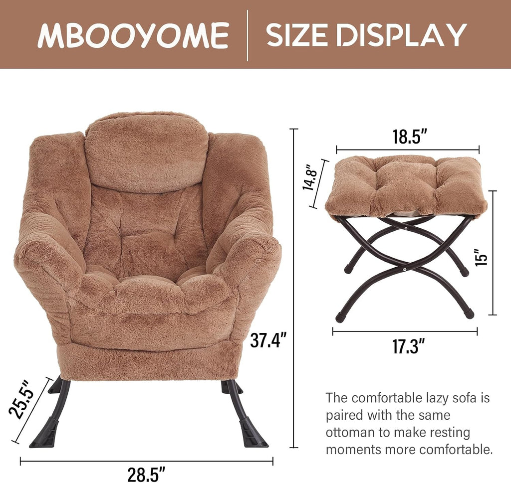 MBOOYOME Lazy Chair with Ottoman, Modern Accent Lounge Armchair with Side Pocket & Foldable Footstool, Leisure Reading Chair for Living Room, Bedroom, Dorm & Office, Plush Brown