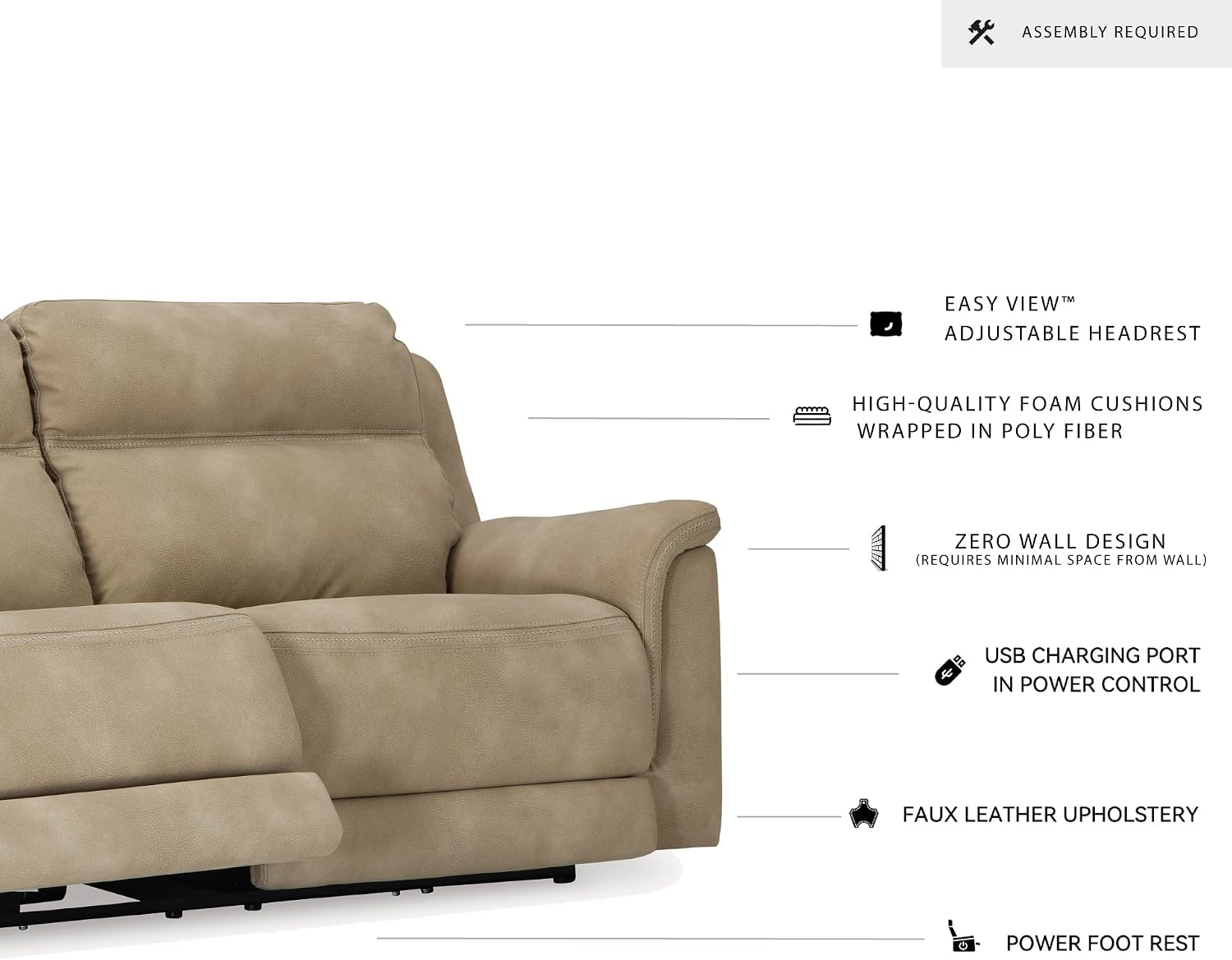 Signature Design by Ashley Next-Gen DuraPella Power Reclining Sofa with Adjustable Headrest, USB, Extended Ottoman, Faux Leather, 80' W x 42' D x 42' H, Beige Sand