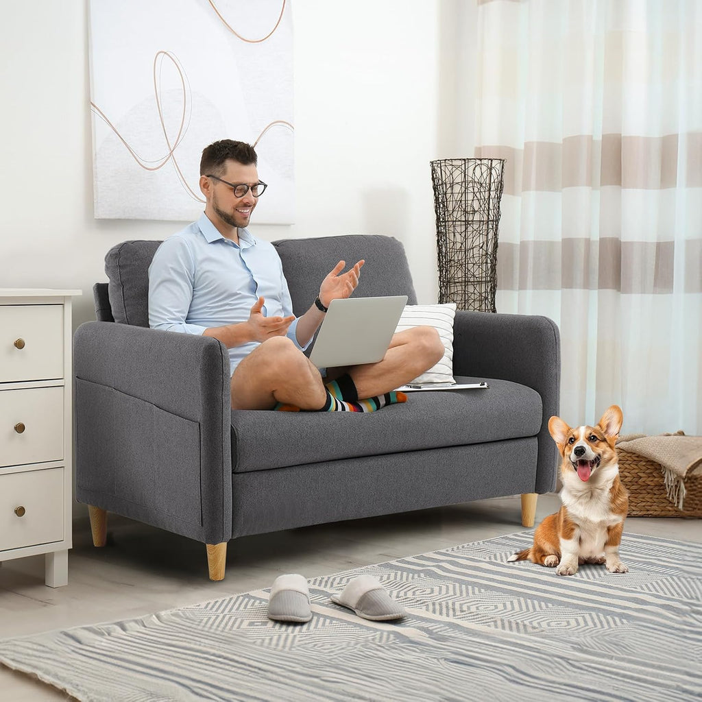 VINGLI 47' Small Couch, Dark Grey Linen Loveseat Sofa Mini Couch Mid Century Modern Decor Love Seat for Small Spaces Living Room, Bedroom, Play Room