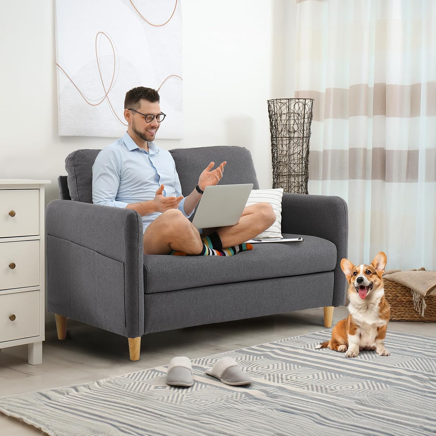 VINGLI 47' Small Couch, Dark Grey Linen Loveseat Sofa Mini Couch Mid Century Modern Decor Love Seat for Small Spaces Living Room, Bedroom, Play Room