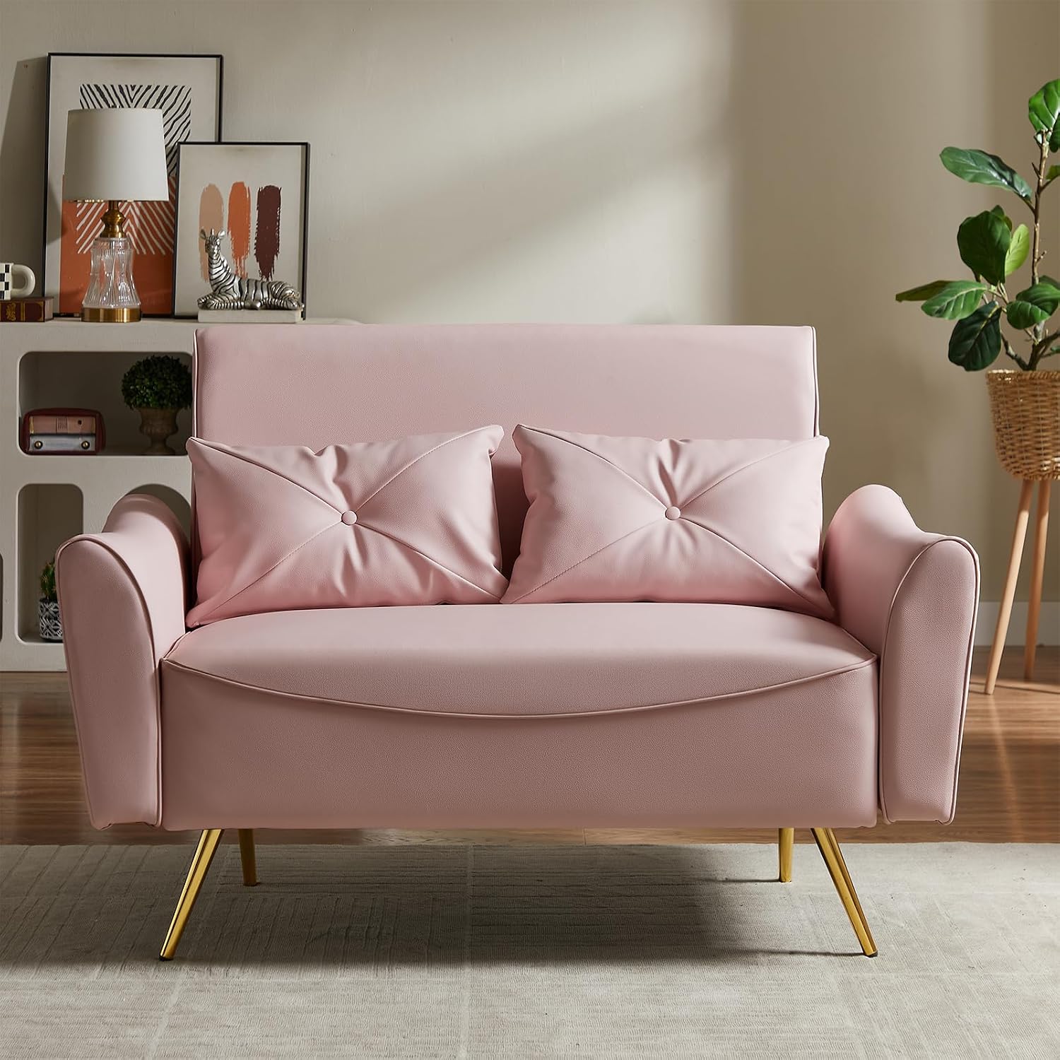Brelice 48' Faux Leather Loveseat Sofa, Modern Small Couch for Small Space with 2 Pillows, 2 Seater Couch for Living Room, Bedroom, Office, Apartment (Pink)