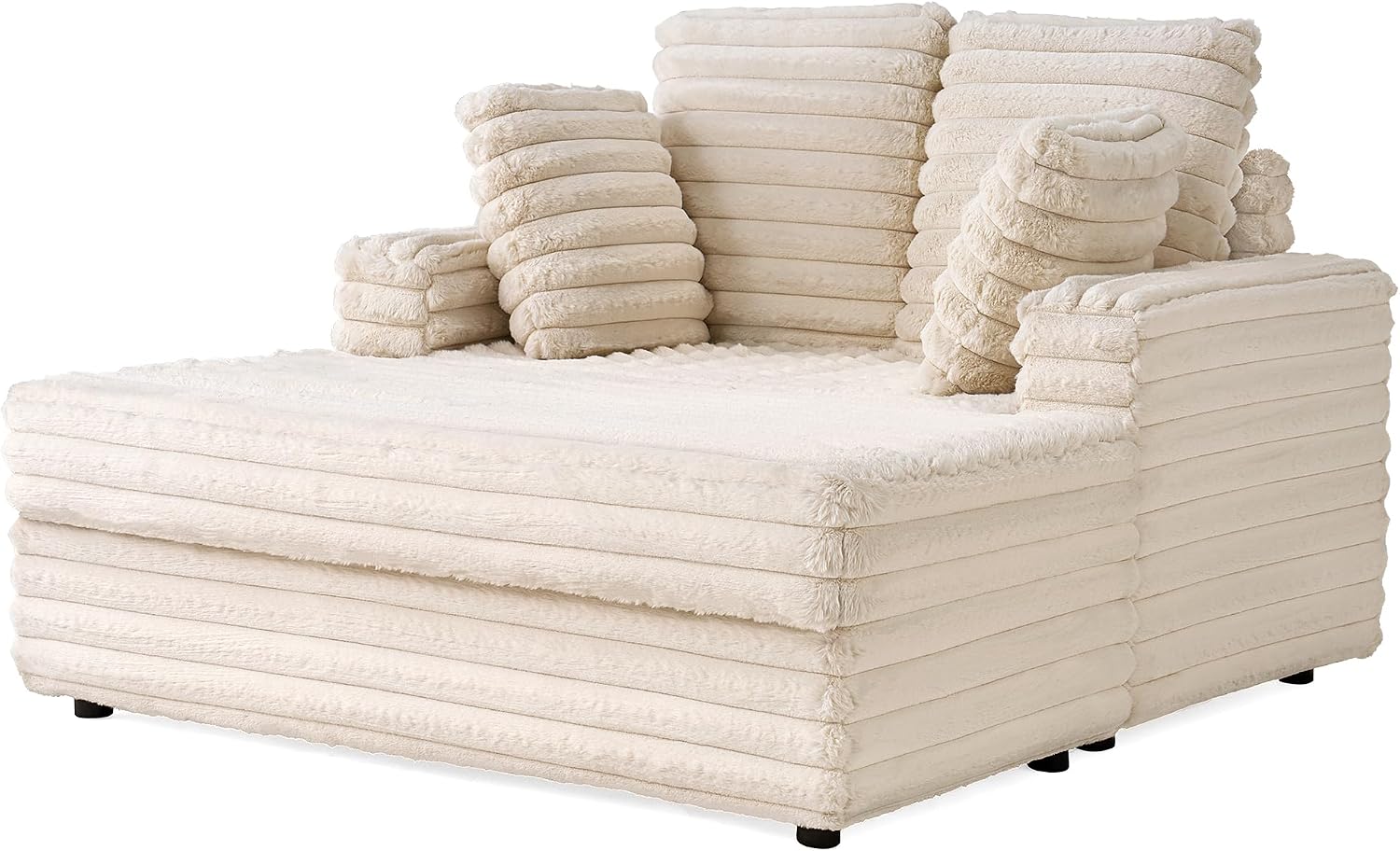 VanAcc 58 Inch Chaise Lounge Indoor, Plush Sleeper Chair with Throw Pillows, Upholstered Sofa Bed with Armrests, Plush Chair Bed for Living Room(Creamy White)