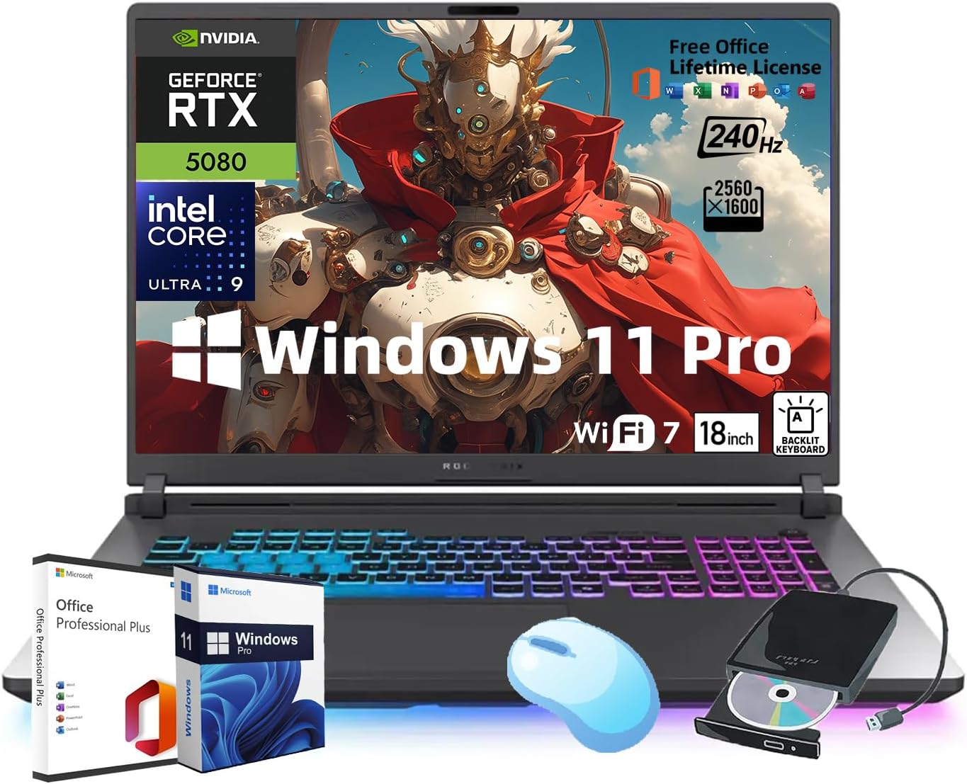 ASUS ROG Strix G18 (2025) 18' Gaming Laptop | NVIDIA GeForce RTX 5080 | IPS 240Hz Display | Intel Ultra 9 275HX | Backlit KB | w/Office & External DVD Drive | Win 11 Pro | WiFi 7 | 64GB RAM 2TB SSD