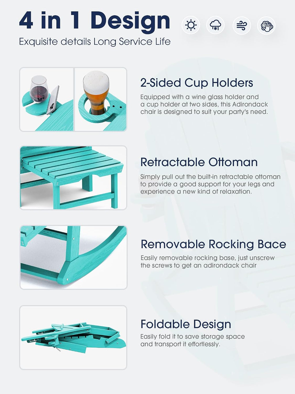 KINGYES Adirondack Rocking Chair with Retractable Ottoman and Cup Holders, HDPE Adirondack Rocker Patio Rocking Chair for Porch, Patio, Balcony, Aqua Blue