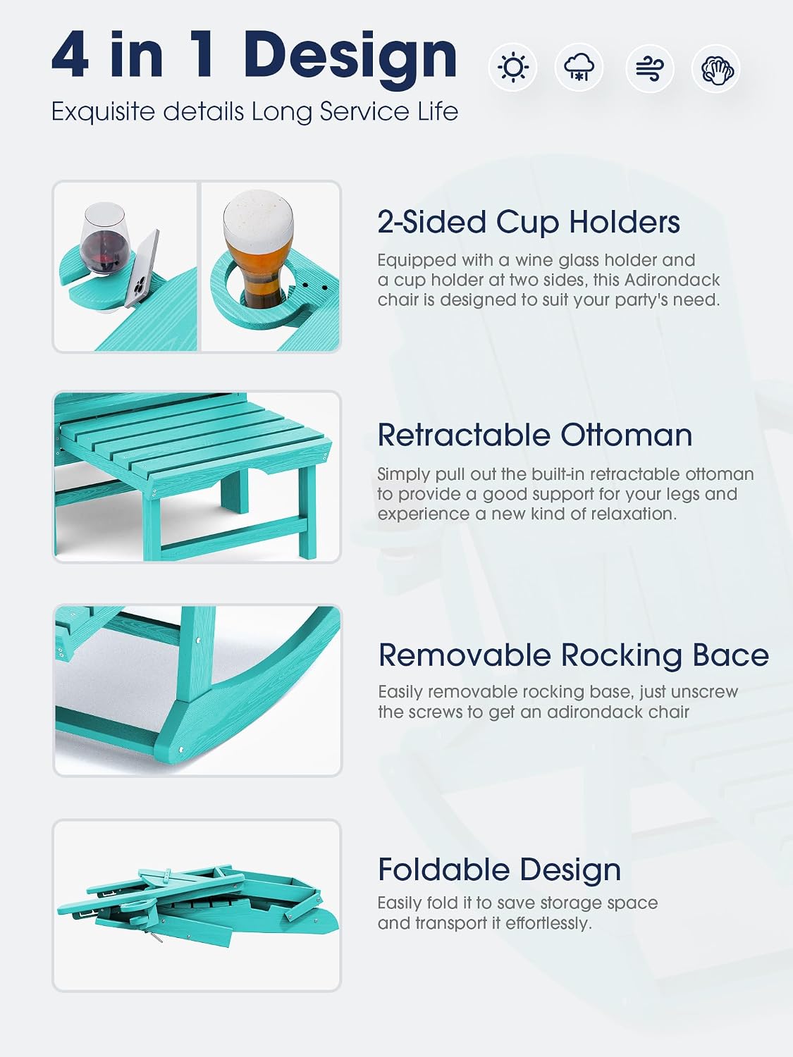 KINGYES Adirondack Rocking Chair with Retractable Ottoman and Cup Holders, HDPE Adirondack Rocker Patio Rocking Chair for Porch, Patio, Balcony, Aqua Blue