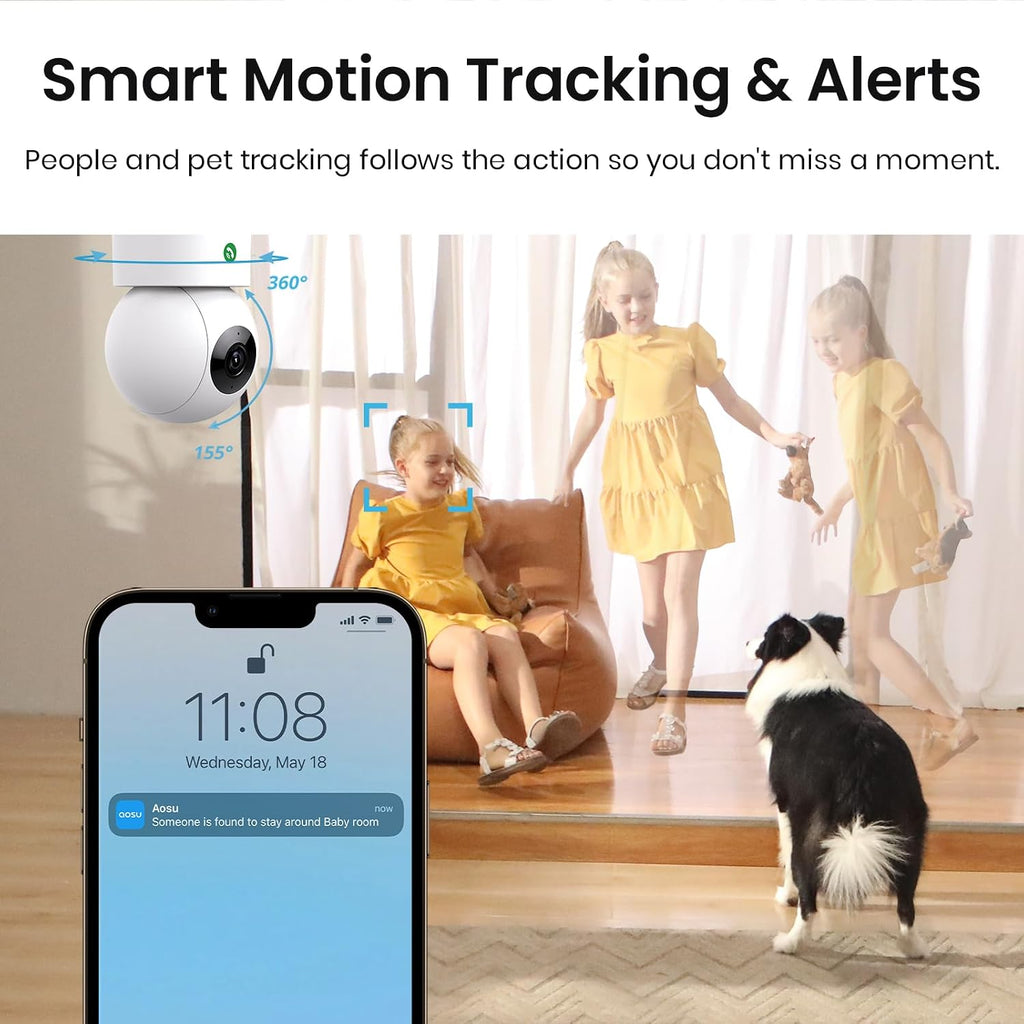 aosu Indoor & Outdoor Security Camera Bundle – 6-Cam Wireless Outdoor Kit with Solar 5MP Pan-Tilt Cameras + 2K Indoor Baby/Pet Monitor with Smart Motion Tracking, No Subscription, aosuBase Expandable