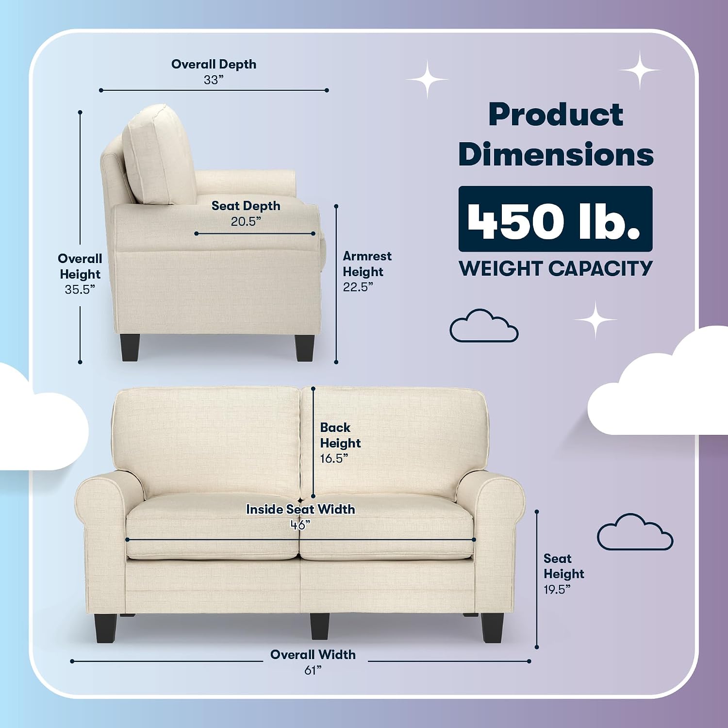 Serta Copenhagen Small Loveseat Sofa, 61 Inch Couch with Rolled Arms, Pocket Coil Seat Cushions, Removable Covers, Easy Care Polyester Upholstery for Living Room, Bedroom or Office, Buttercream
